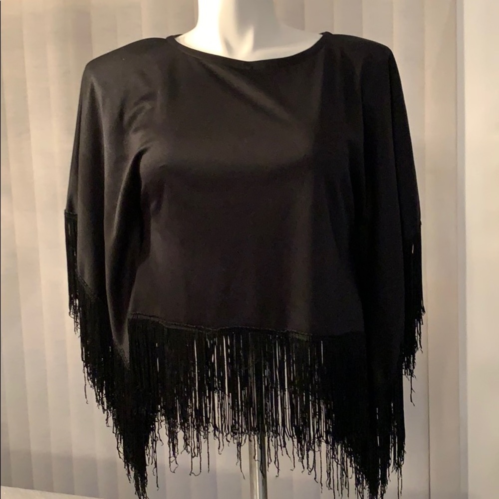 Real Vintage 1970’s Black Polyester Blouse w/Fringe